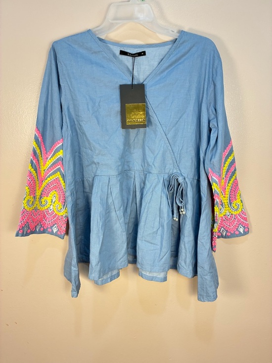 Khaadi Tops - Khaadi Embroidered Sleeve Pearl Detail Peplum Hem Chambray Blouse